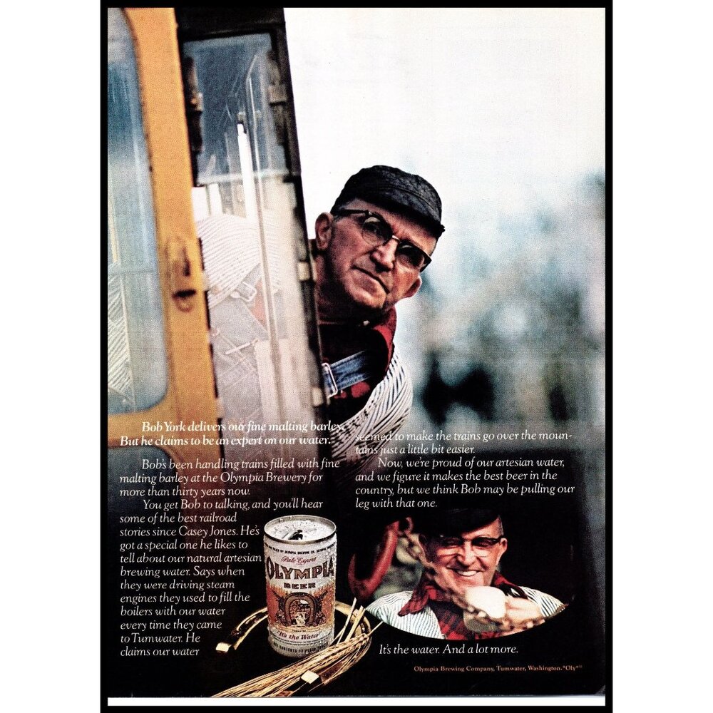 1973 Olympia Beer Vintage Print Ad Subway Train Conductor Engineer Hat Wall Art
